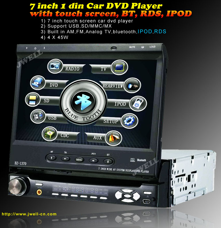7 inch 1 din Car DVD Player with touch screen, BT, RDS, IPOD, detachable panel